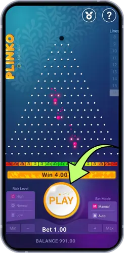 Gumb PLAY u Plinko igri - pokretanje igre