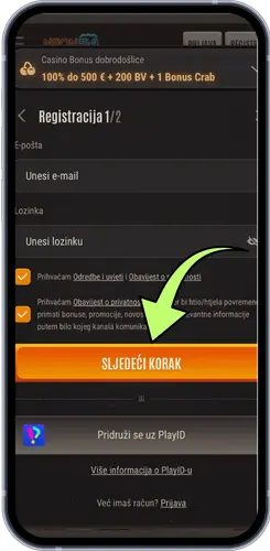 Prvi korak registracije je unos vaše adrese e-pošte i prihvaćanje uvjeta korištenja za igranje Plinko